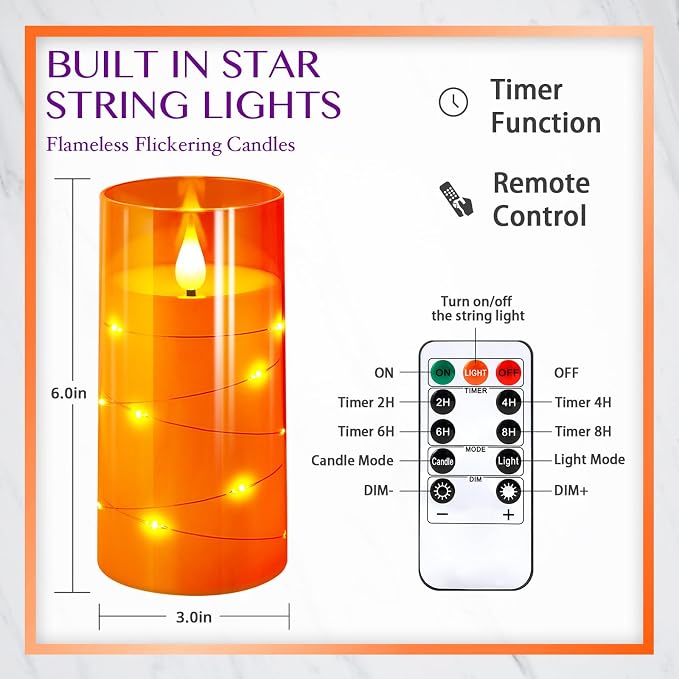 NURADA 3"x6"Flickering Flameless Candles: Built-in Star String Lights 3D Wick - Image 9