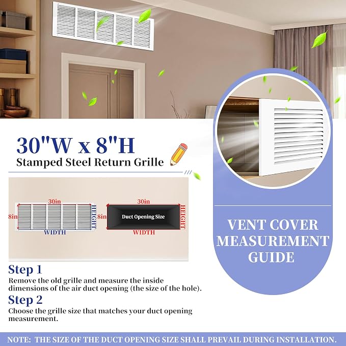 Fancat 30x8 Steel Return Air Grille, HVAC Vent Cover, 0.7cm Overall Depth - Image 2