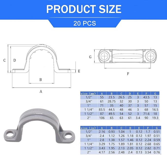 1 Inch PVC Pipe Strap, 2-Holes Conduit Pipe Clamps Plastic Pipe Supports - Image 2