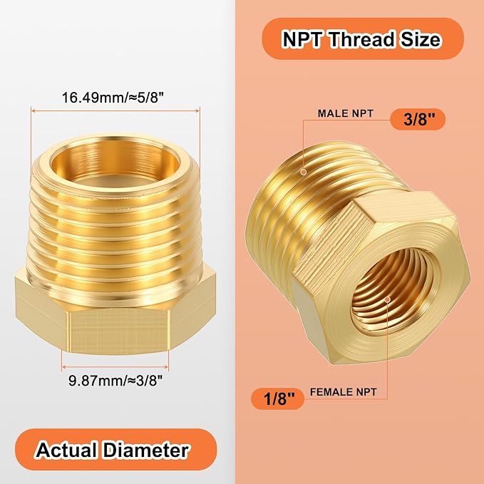 2 Pack Male to FeMale Adapter, 3/8" NTP Male x 1/8" NTP Female Brass Hex - Image 2