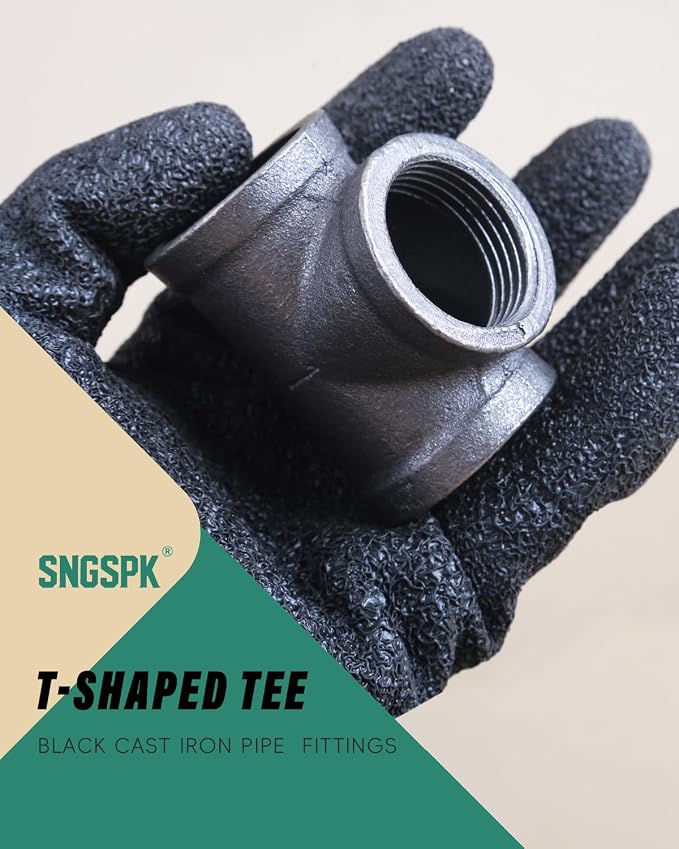 Black Cast Iron Tee Fitting 1/2" Female Thread, 3 Way Industrial Pipe Connector - Image 2