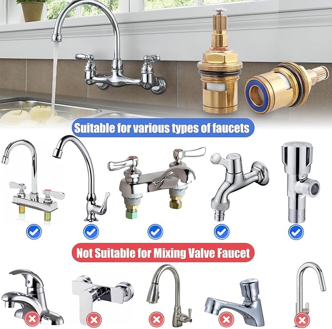 Wolfride 2Pcs Faucet Cartridge Replacement, 20 Teeth G1/2" Brass Ceramic Stem - Image 4