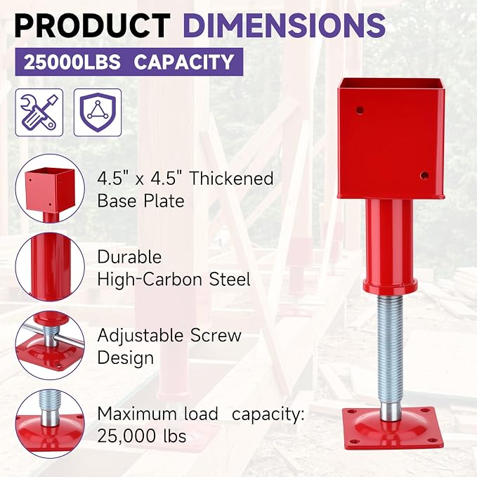 4.5"x4.5" Adjustable Screw Jack Post Floor Support 25000LB Capacity 2 Pack | - Image 4