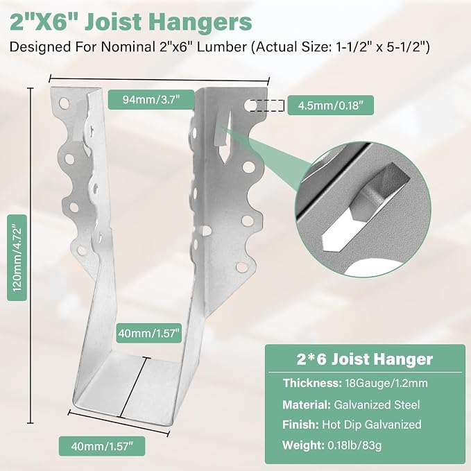 2x6 Joist Hangers 25PCS 18Gauge Rafter Bracket Double Shear Hanger | Joist - Image 2