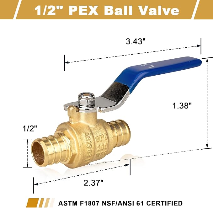 F1807 1/2" Pex Ball Valve, Brass Full Port Water Shut Off Ball Valve - Image 2