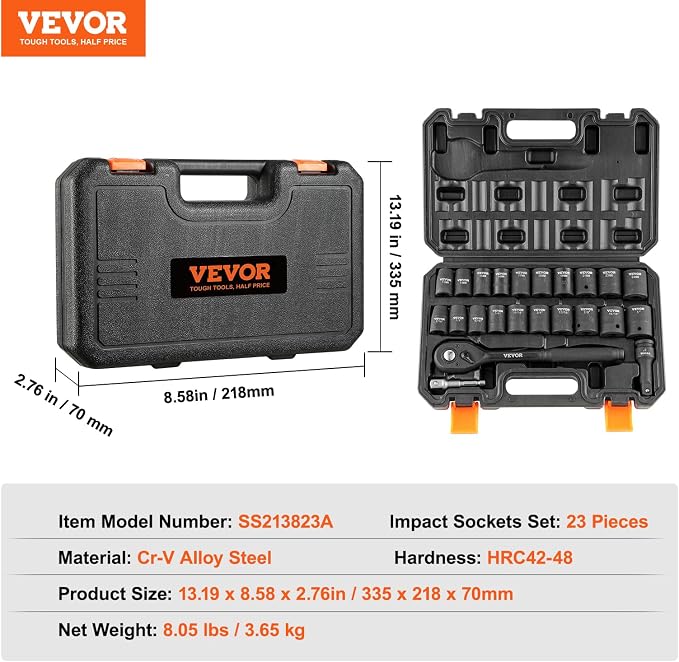 VEVOR 1/2" Drive Impact Socket Set, 23 Piece Socket Set SAE （7/16" -1"）& Metric - Image 7