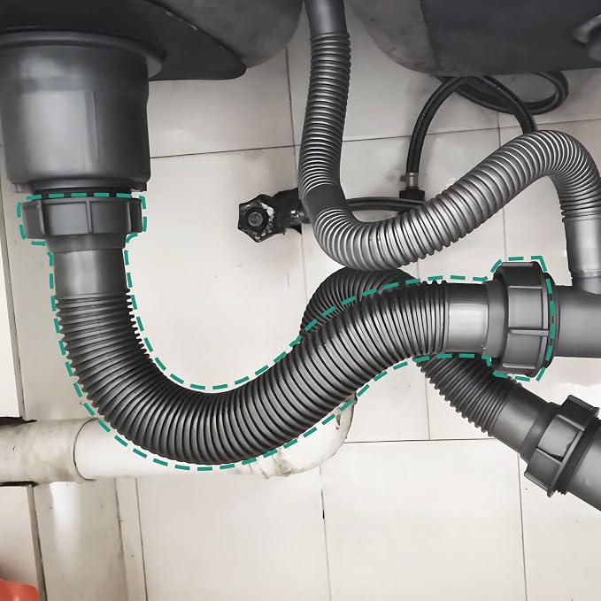 Sink Drain Pipe Kit, Flexible 1-1/2 Inch P Trap Kitchen Sink Plumbing Kit - Image 6