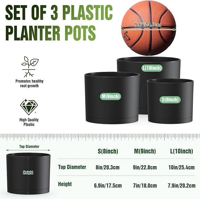 10/9/8 Inch Plant Pots 3 Pack, - Image 3