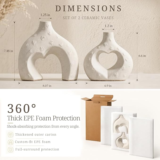 White Ceramic Flower Vases Table Decor Heart Shaped Vase Set of 2 | Nordic - Image 2