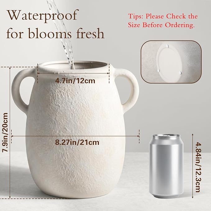 Ceramic Flower Vase with Handle, 7.9in Waterproof Farmhouse Table Rustic Vases - Image 2