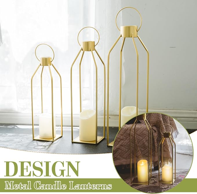 HPC DECOR Modern Farmhouse Lantern Decor- 22''19''16''Tall Large Gold Metal - Image 3
