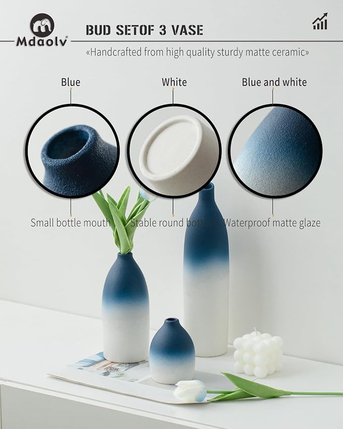 Mdaolv Blue and White Vase Set Navy Blue Decor Coastal Decor Vases - Image 3