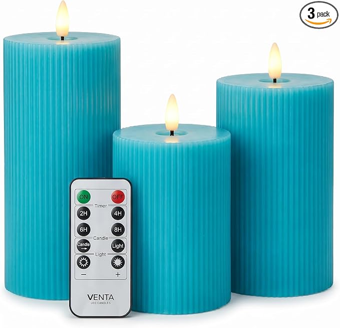 VENTA Turquoise Flameless Pillar Candles, Boho & Modern Home Decor by VENTA