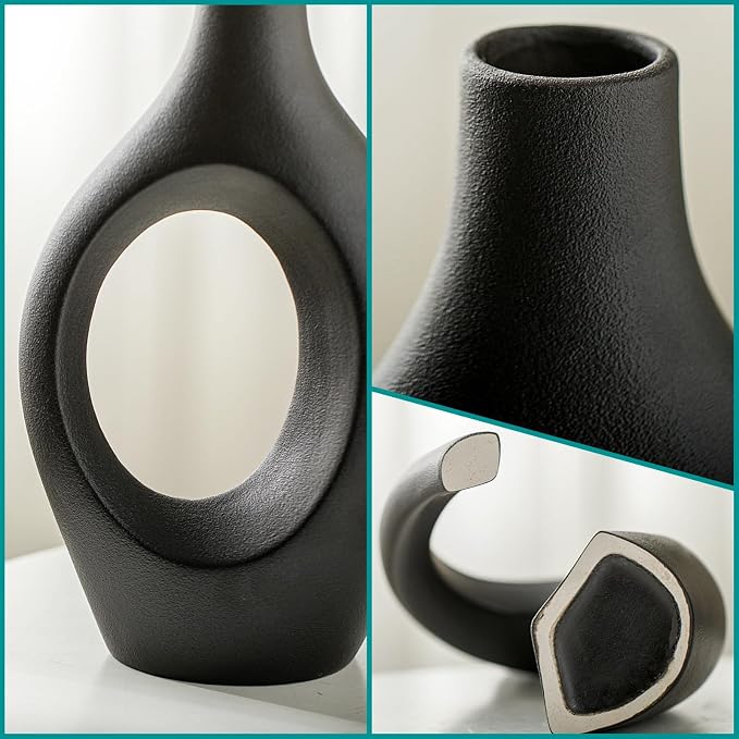 XL Black Ceramic Vase Set of 2 for Modern Home Decor, Neutral Boho Round Donut - Image 6