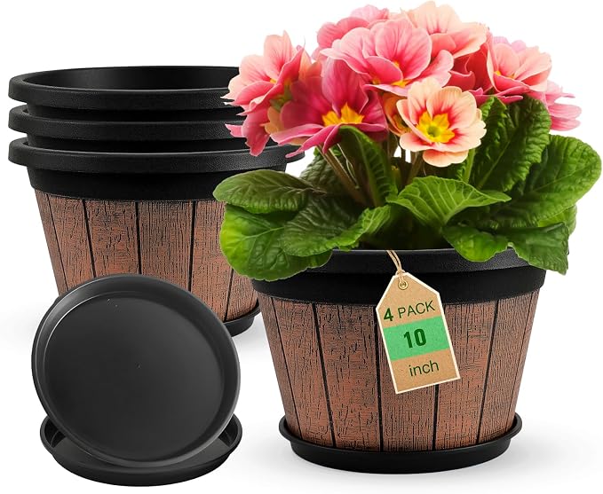 Quarut 4 Pack 10 inch Plant Pots, Whiskey Barrel Planters by Quarut