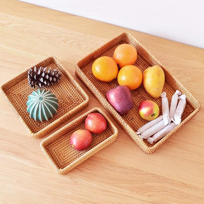 i-lan Rattan Serving Tray Set of 3, Rectangular Wicker Trays, Natural Brown | - Image 6