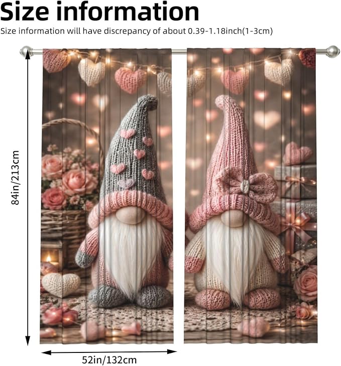 Knit Gnomes Valentine Hearts Window Curtains 2 Panels Set, 52 X 84 Inch - Image 3