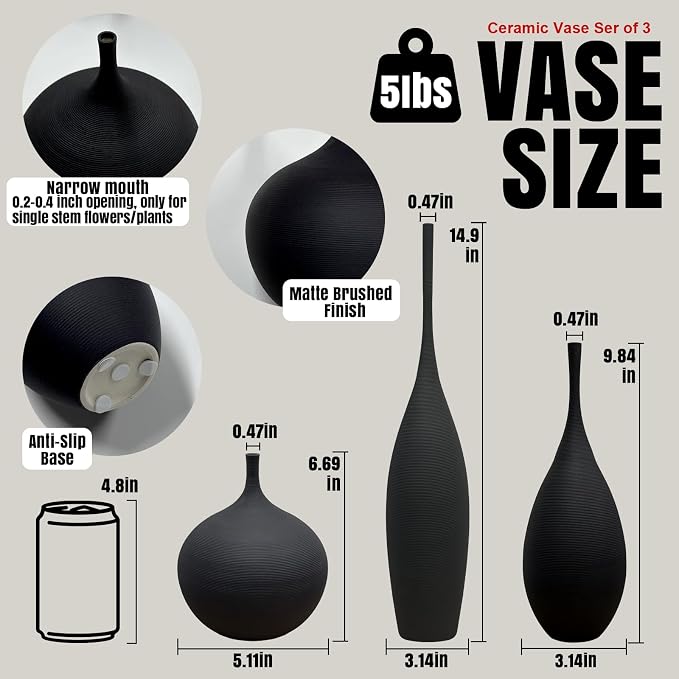 Black Ceramic Vases Set of 3, Modern Boho Vases - Image 2