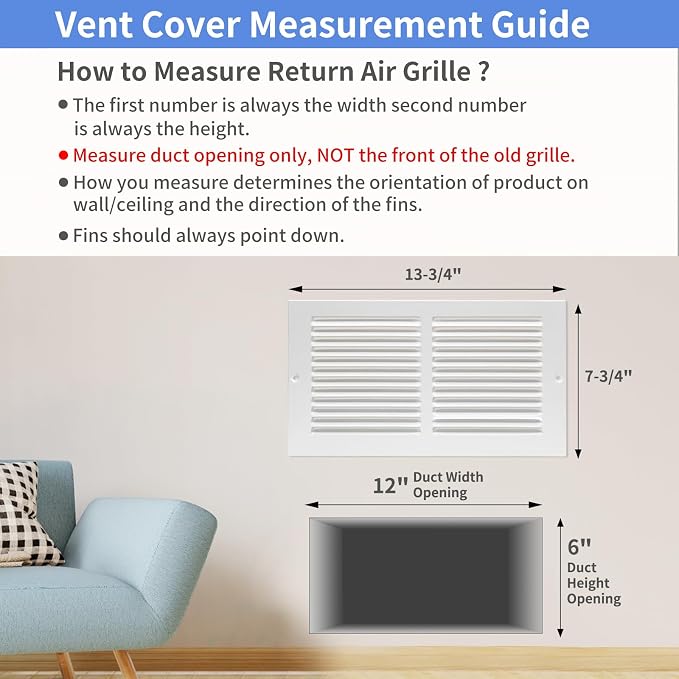 Howeall 12"W x 6"H Steel Return Air Grille, Air Return Vent Cover - Image 5