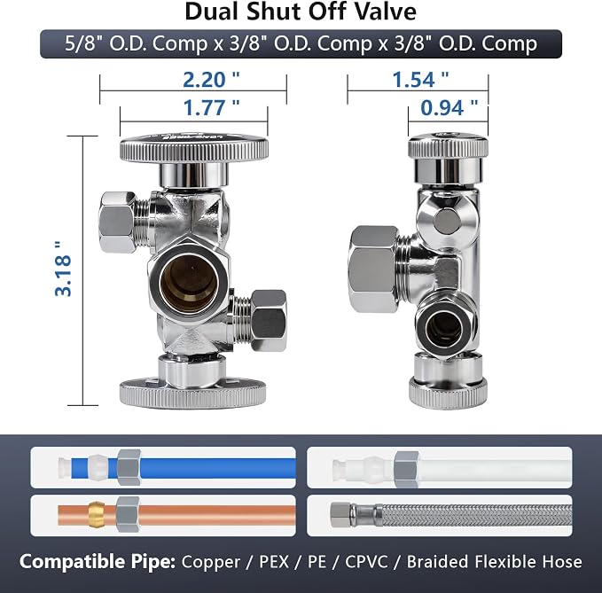 WiseWater 1/2" NOM x 3/8" OD Comp x 3/8" OD Comp Dual Shut Off Valve | Heavy - Image 5