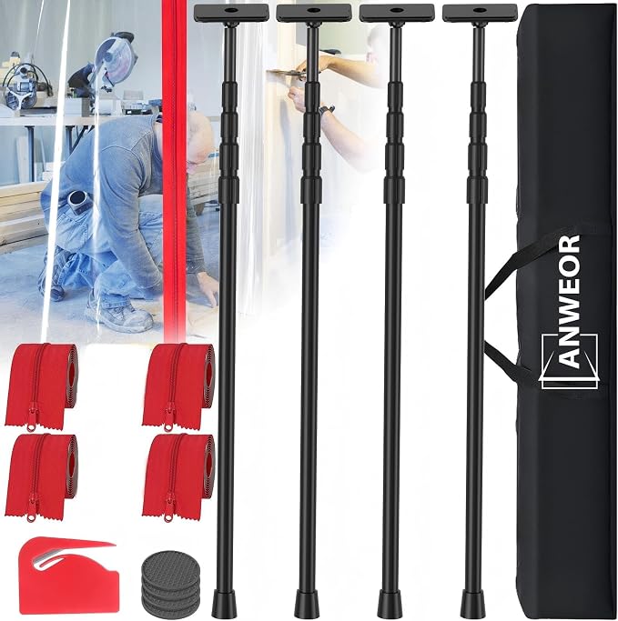 12FT Exclusive Patent Dust Barrier Poles Kit, Spring Retractable Loaded Wall by ANWEOR