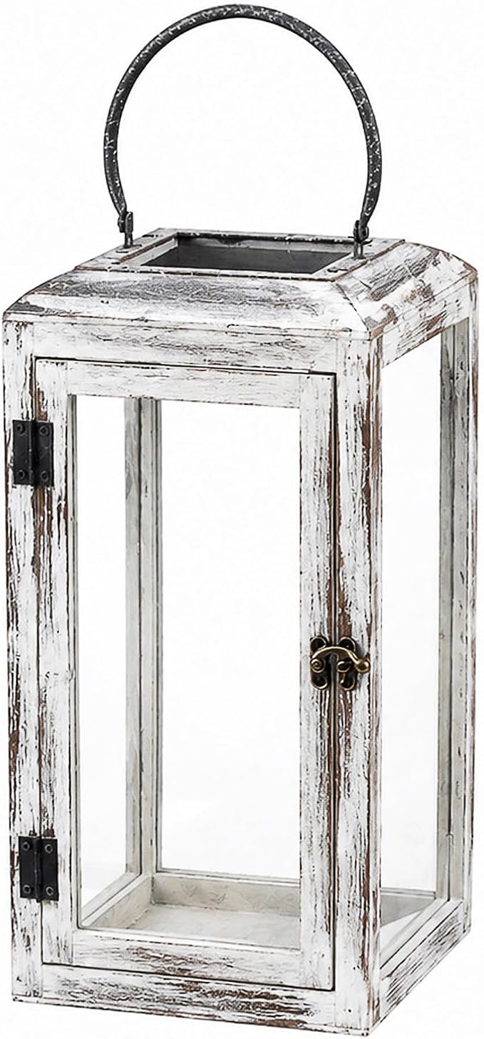 16" High Wooden Lantern Made of Solid Firwood in Whitewash by Unknown