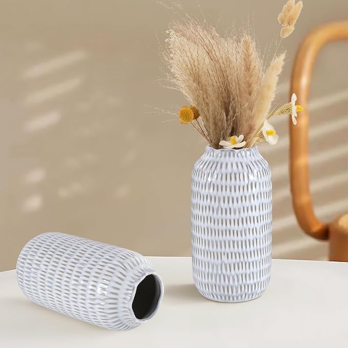 Ceramic Vase for Flowers – Modern Small Ribbed Textured Flower Vase for Home - Image 2