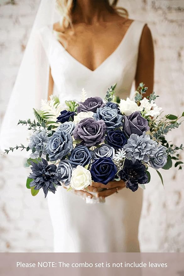 FACINOC Roses Artificial Flowers Dusty Blue Bouquet Fake Flower - Image 2