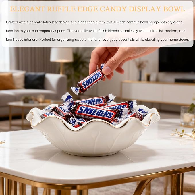 10 Inch White Ceramic Decorative Bowl, Large Shallow Bowl - Image 4