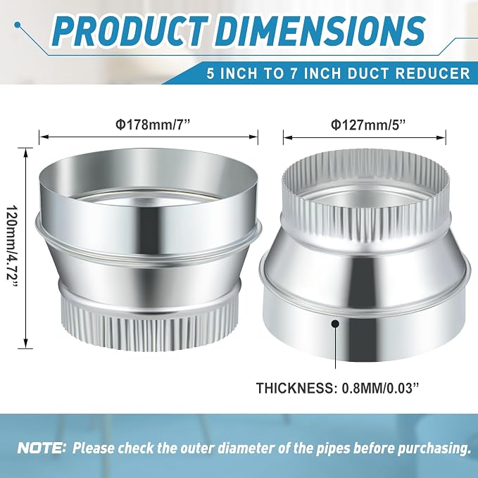 1 Pcs 7 Inch to 5 Inch Duct Reducer Increaser | Galvanized Steel Air Duct - Image 2