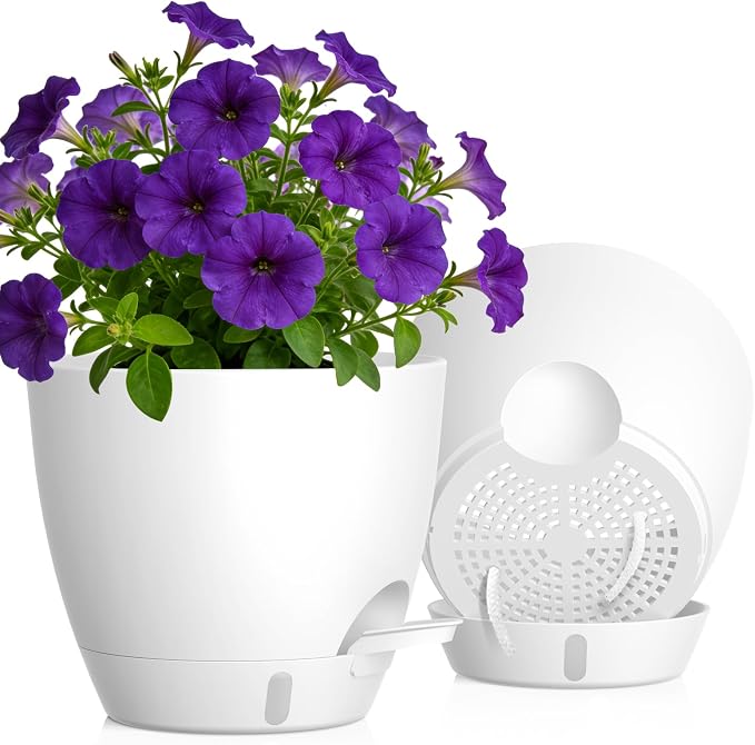 Self Watering Pots with Drainage Holes, 2 Pack 10 Inch Plant Pots with Water by KUGAZ