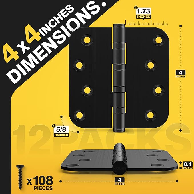 KOLET 4 Inch Black Ball Bearing Door Hinges 5/8'' Radius 12 Pack | Stainless - Image 2
