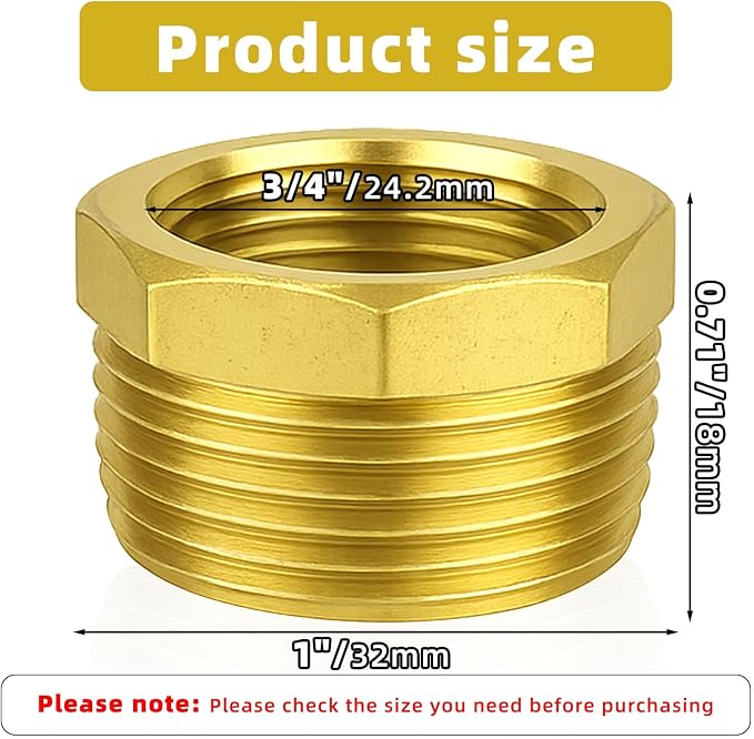 2pcs 1 Inch to 3/4 Inch NPT Female Adapter, Brass Reducing Hex Bushing | Heavy - Image 4