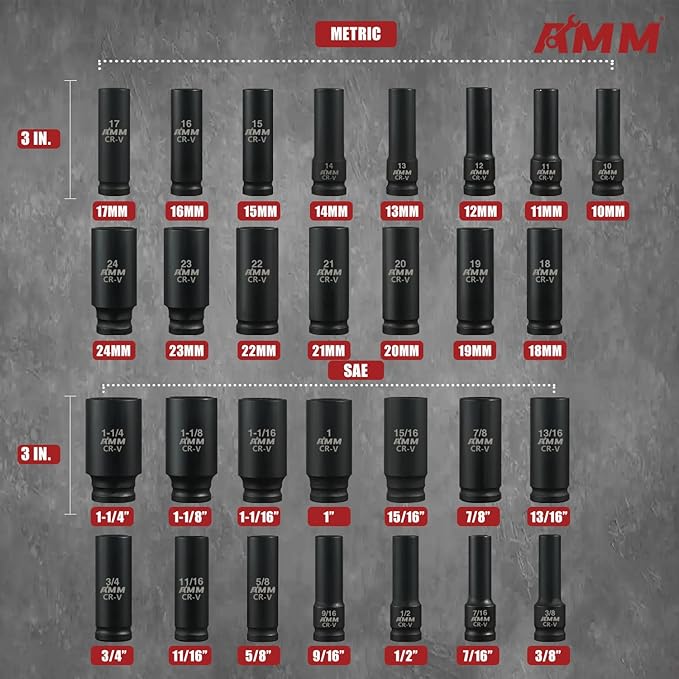 AMM 1/2" Drive Deep Impact Socket Set, 35-Piece Socket set SAE 3/8 to 1-1/4 - Image 2