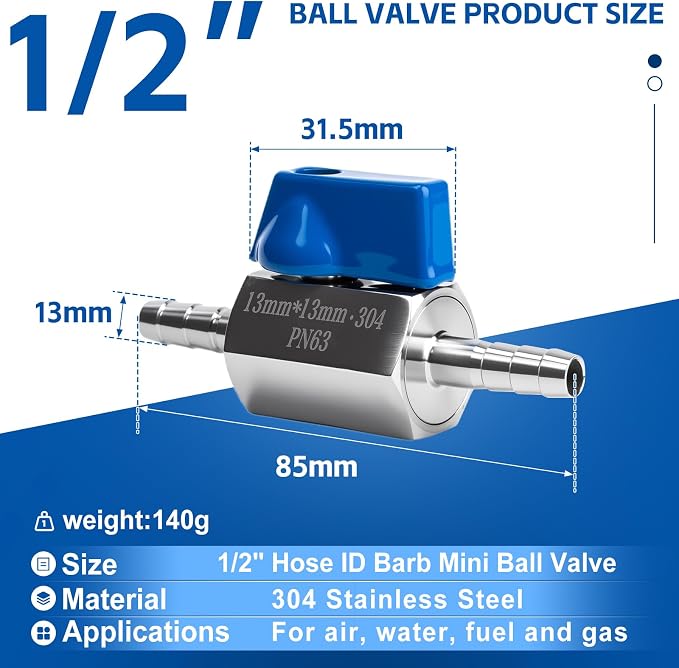2Pack 1/2" Hose ID Barb Mini Ball Valve, 304 Stainless Steel Small Shut Off - Image 2