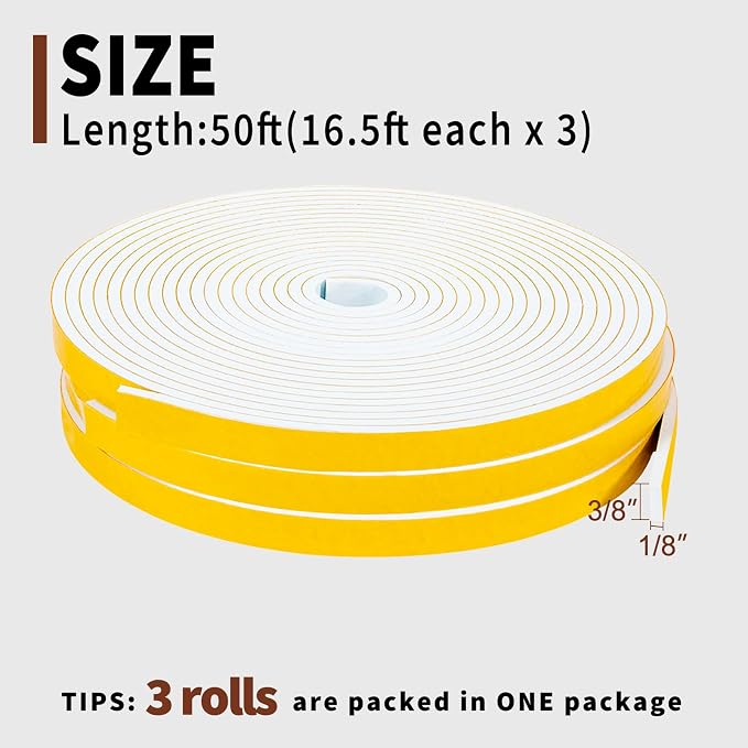 Yotache Weather Stripping Door Seal Strip White 3/8" x1/8", 50Ft Total | Foam - Image 3