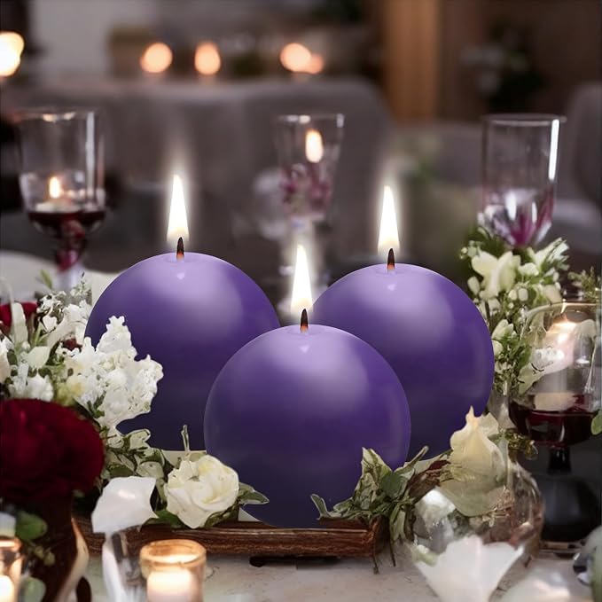Ball Pillar Candles Set of 3 Purple 3Inch Unscented Handpoured Weddings - Image 5
