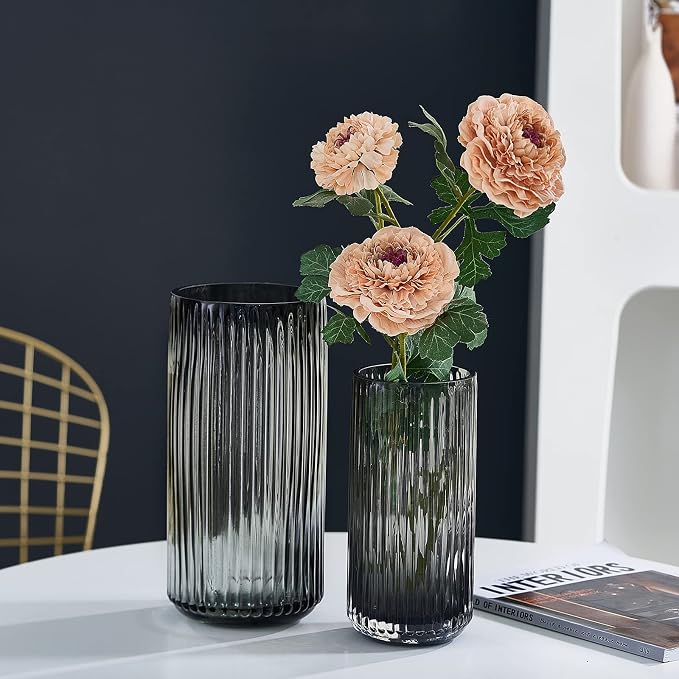 Flower Vase 10 inch Grey Thickened Hand Blow Glass Vase Round Vintage Striped - Image 7