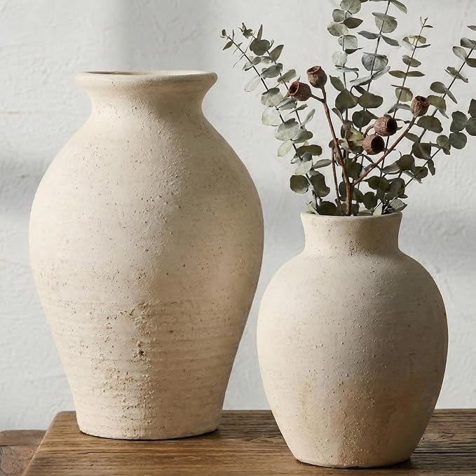 2 Pcs Rustic Farmhouse Vase Terracotta Clay Vase White Pottery Decorative by Yiyiring