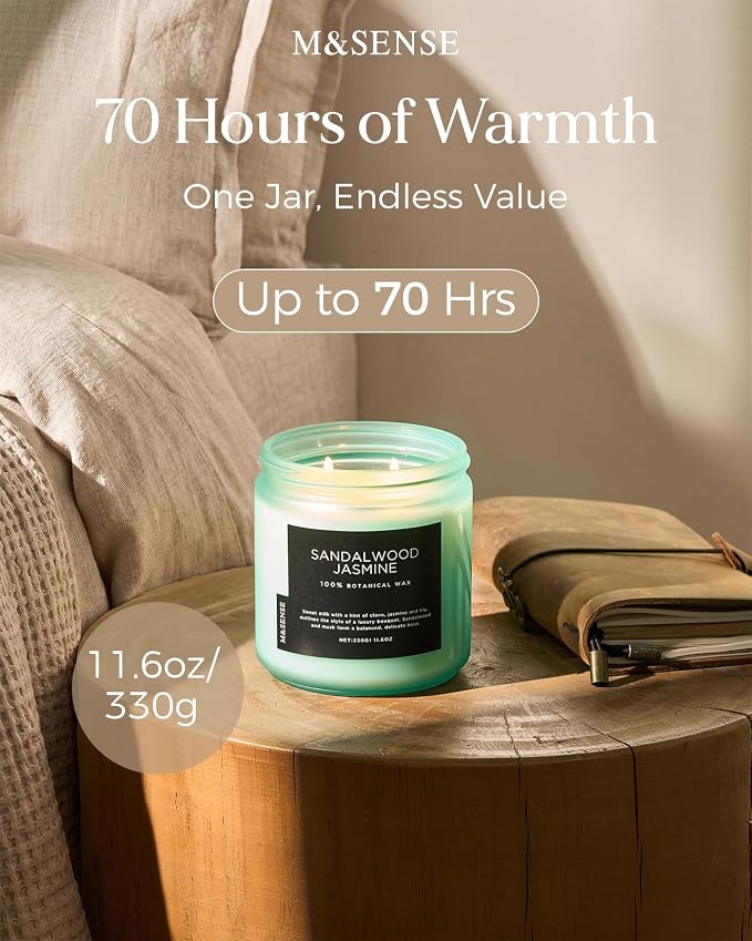 M&SENSE Sandalwood Jasmine Home Scented Candles, 11.6oz Natural Soy Wax | 70 - Image 3