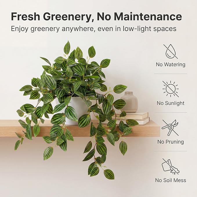Briful Artificial Potted Plant Indoor, 17.7" Faux Watermelon Peperomia Trailing - Image 3