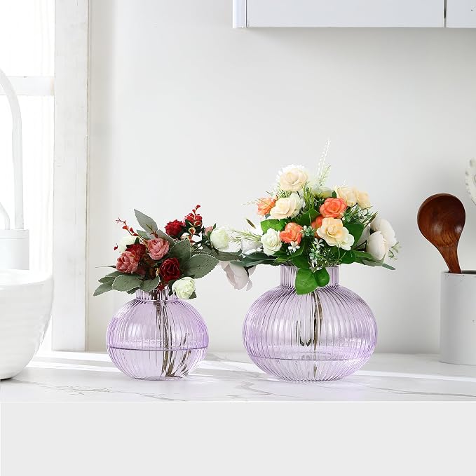 Purple Glass Vases for Tulips, Flower Vases for Bouquet, Ribbed Glass Vase for - Image 4