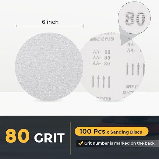 HARFINGTON 100 Pcs 6 Inch Sanding Disc 80 Grit White Aluminum Oxide | Hook and - Image 2