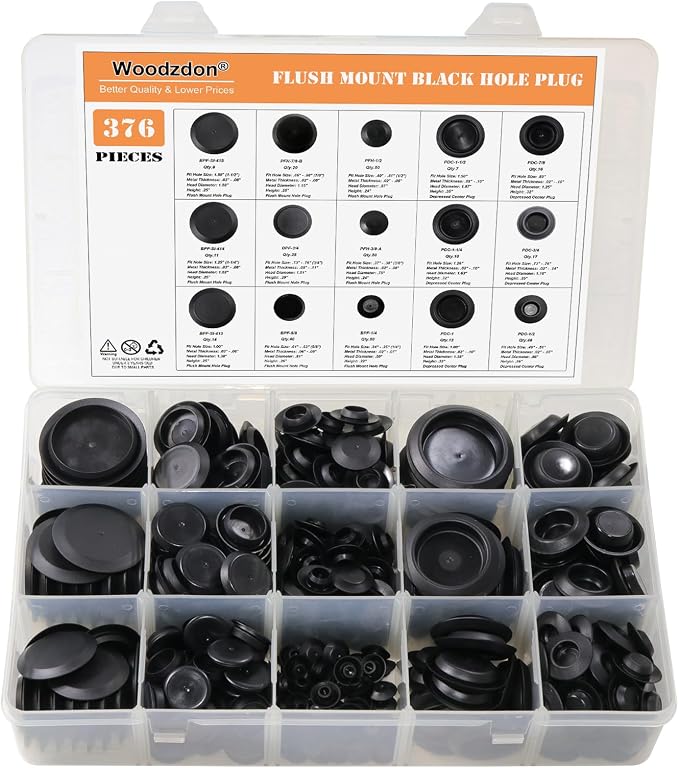 376pcs Flush Mount Black Plastic Hole Plug Assortment by Woodzdon
