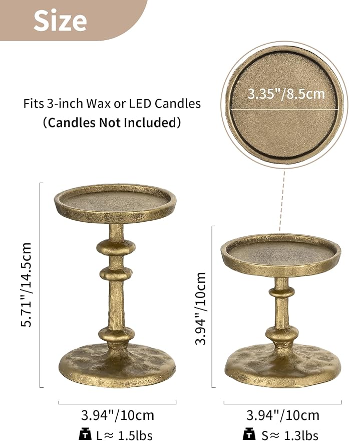 NUPTIO Gold Candle Holders for Pillar: Antique Brass Cast Iron Candle Stand | - Image 4
