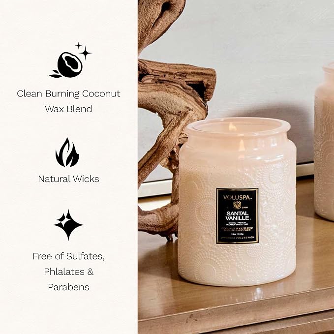 Voluspa Santal Vanille Large Scented Candle Jar 18 Oz, 100 Hr Burn | Coconut - Image 4