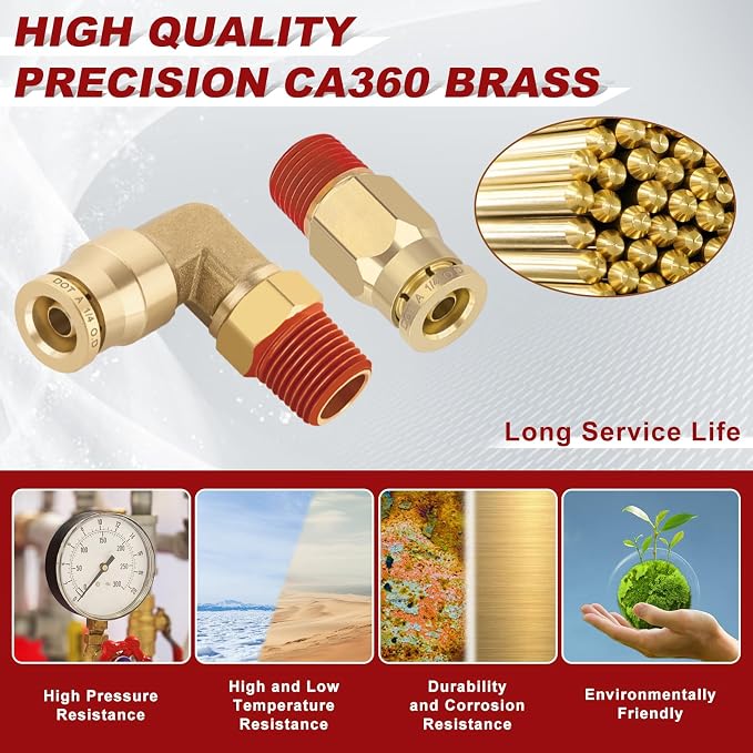 1/4" Tube x 1/8" NPT Male Straight & Elbow Brass Air Fittings Kit, 8 Straight + - Image 2