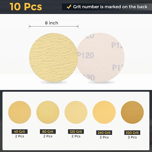 HARFINGTON 10Pcs 8Inch Sanding Disc Hook & Loop Yellow Aluminum Oxide | - Image 2