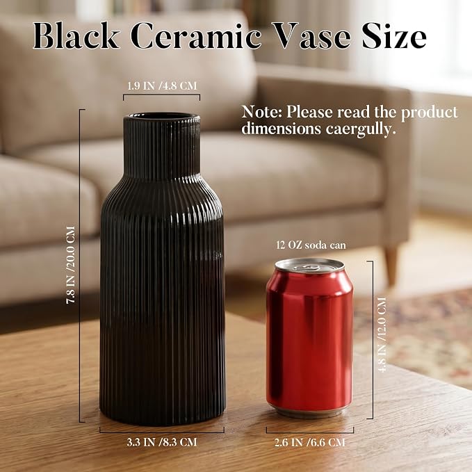 Black Ceramic Tall Vase, Modern Smooth Vertical Ribbed, Nordic Minimalist - Image 4