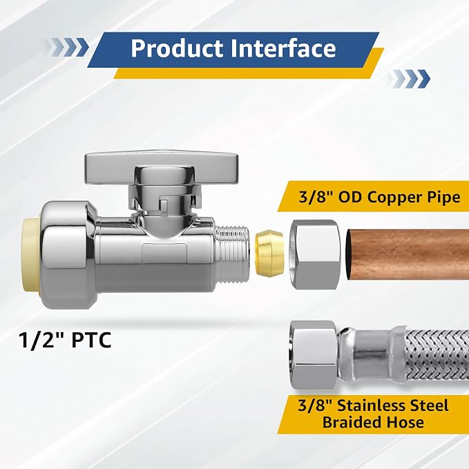 Push-Fit Straight Stop Valve 10-Pack, 1/2" Push x 3/8" OD Compression, 1/4 Turn - Image 2